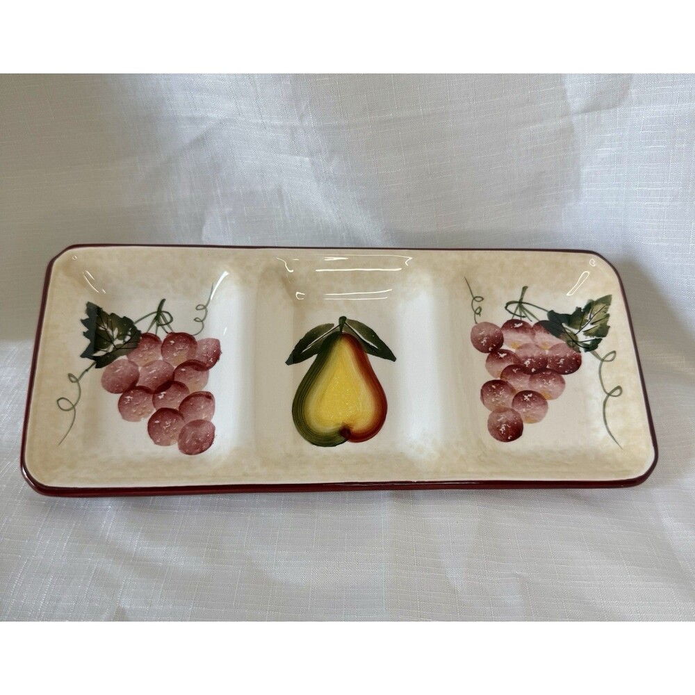 Pier 1 Divided Tray 2002 Relish Serving Dish Hand Painted Dolomite Grapes&Pear